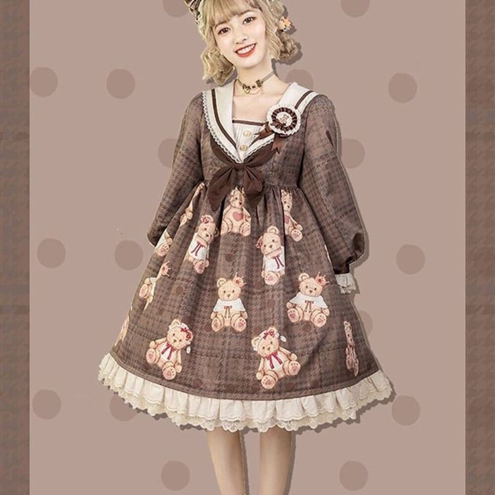 Alice Girl coquette brown teddy bear Lolita Peter Pan collar dress